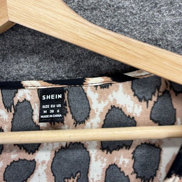 SheIn Mini Dress Women M Medium Beige Animal Print V-Neck Short Sleeve Short - Picture 3 of 7